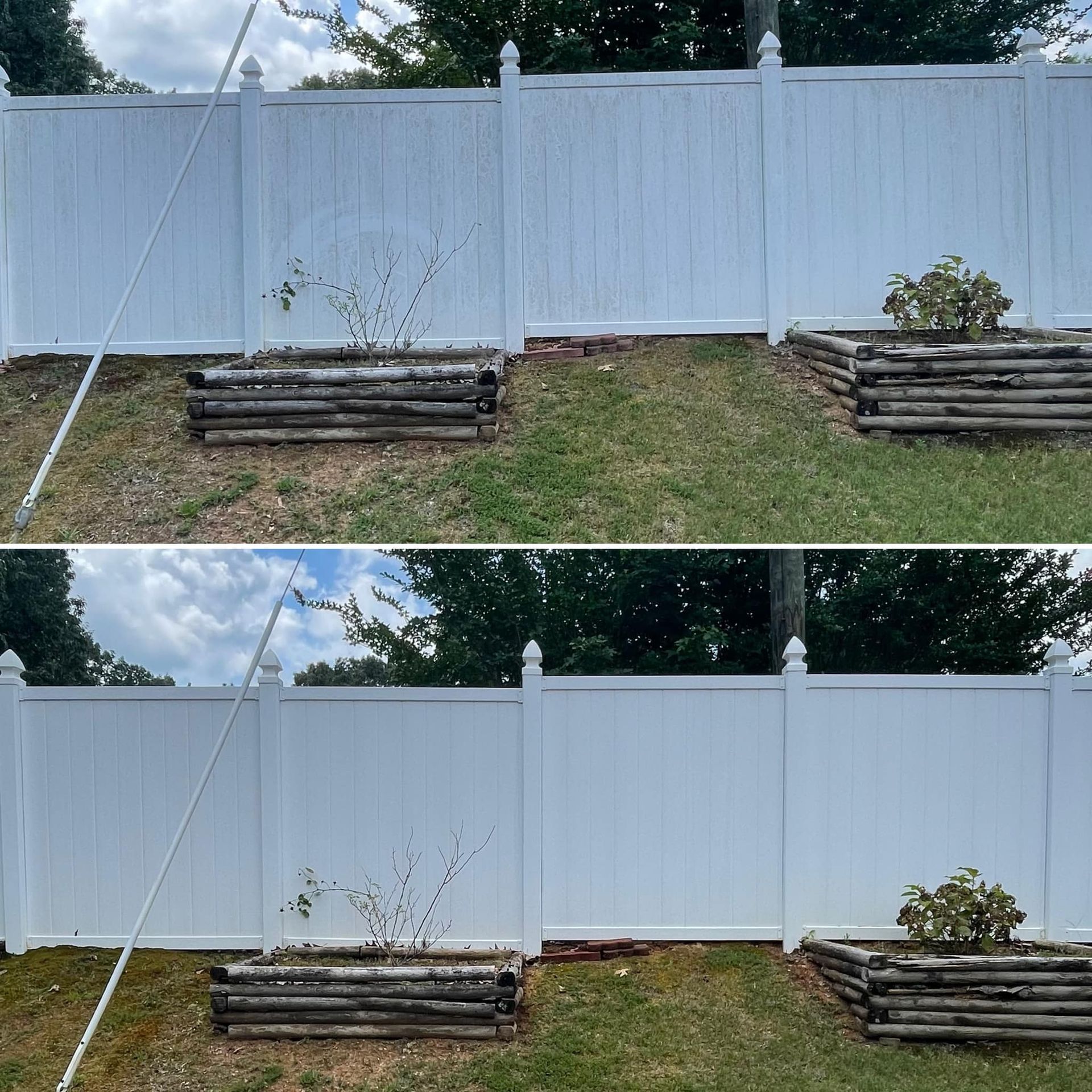 A before and after picture of a white fence with wooden planters in front of it.