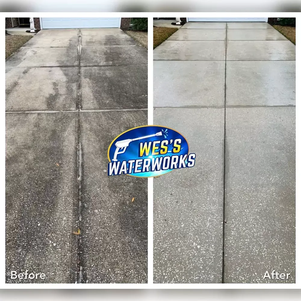 A before and after photo of a concrete driveway being cleaned by wes 's waterworks.