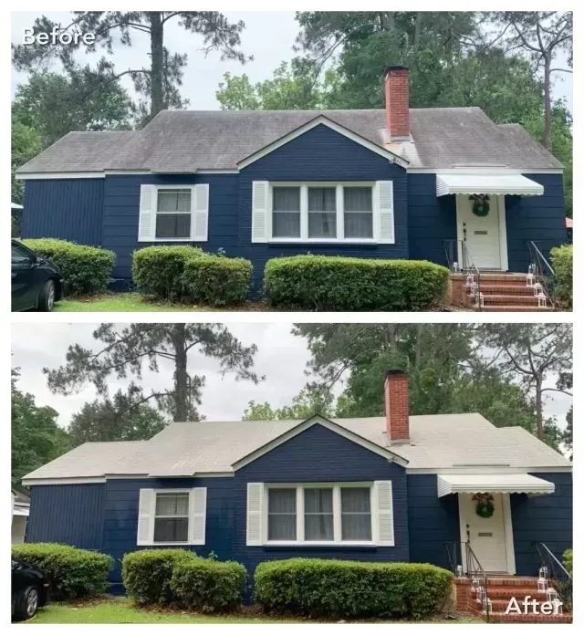 A before and after photo of a blue house with white shutters