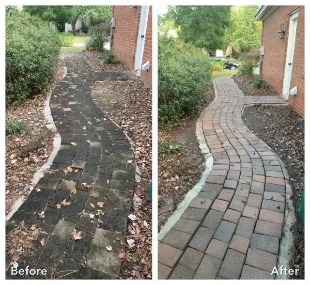 A before and after photo of a brick walkway.