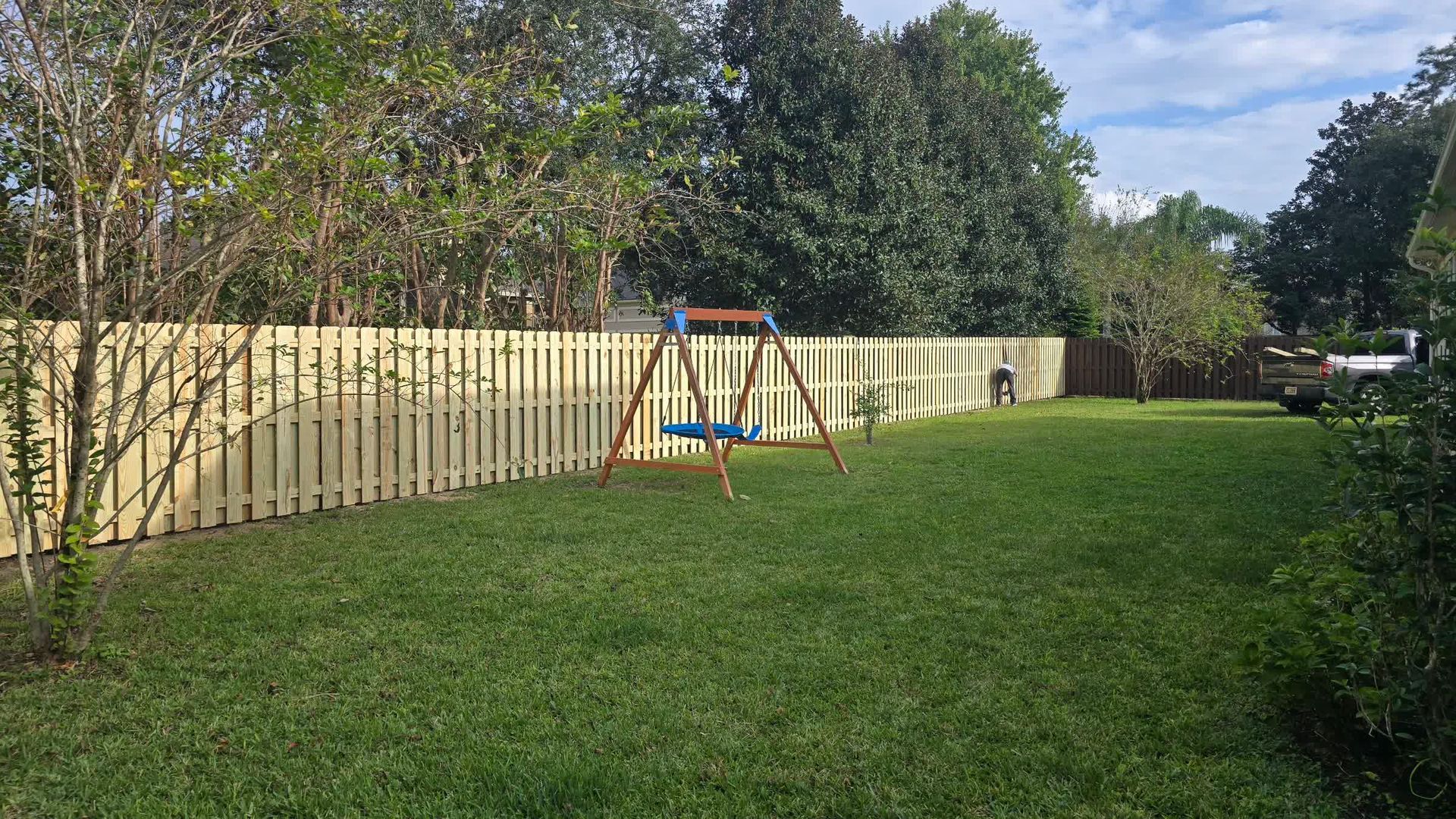 Black fence contrasting with a vibrant green tree in the background.