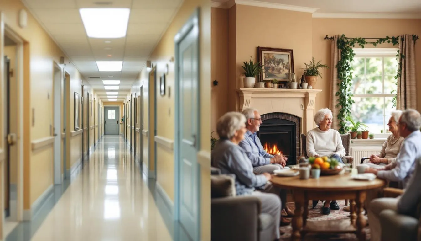 A comparison of a traditional assisted living facility and a home setting for seniors.