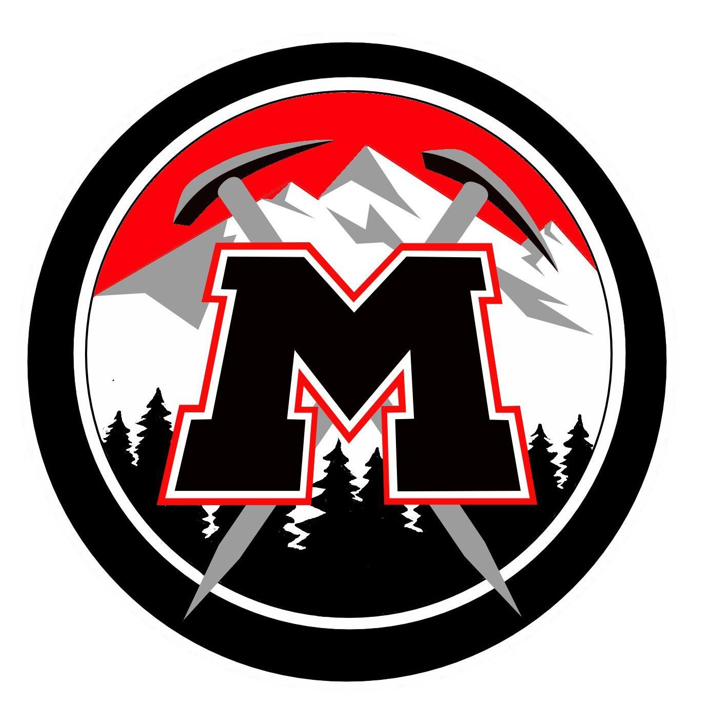 Black and red circular logo. A large