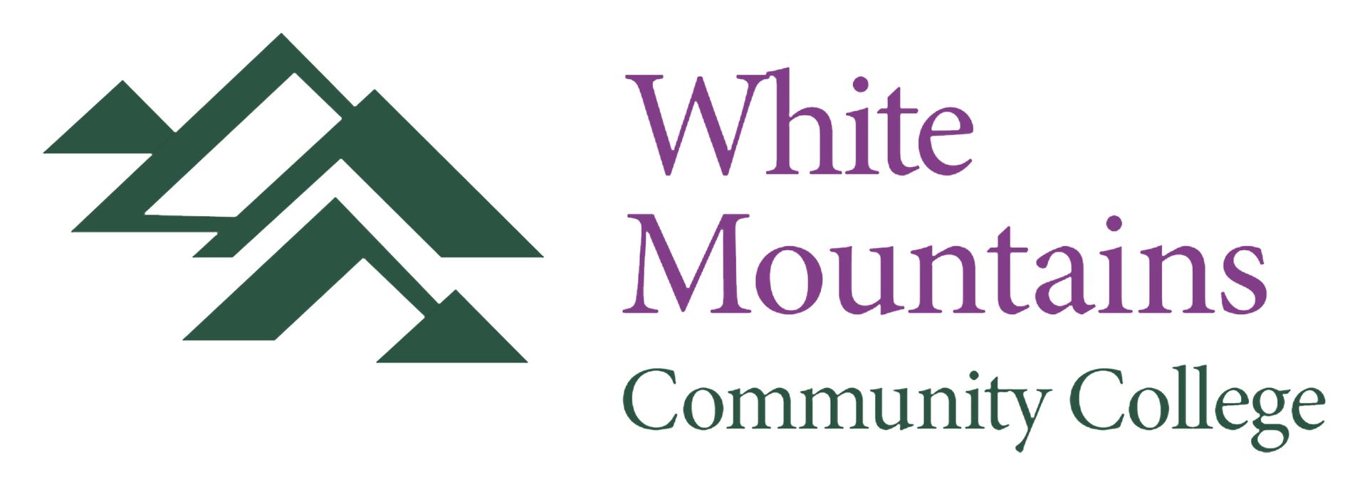 Logo for White Mountains Community College: green mountain graphic and purple text.