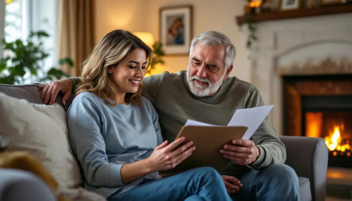 A man and a woman are sitting on a couch looking at a book.
