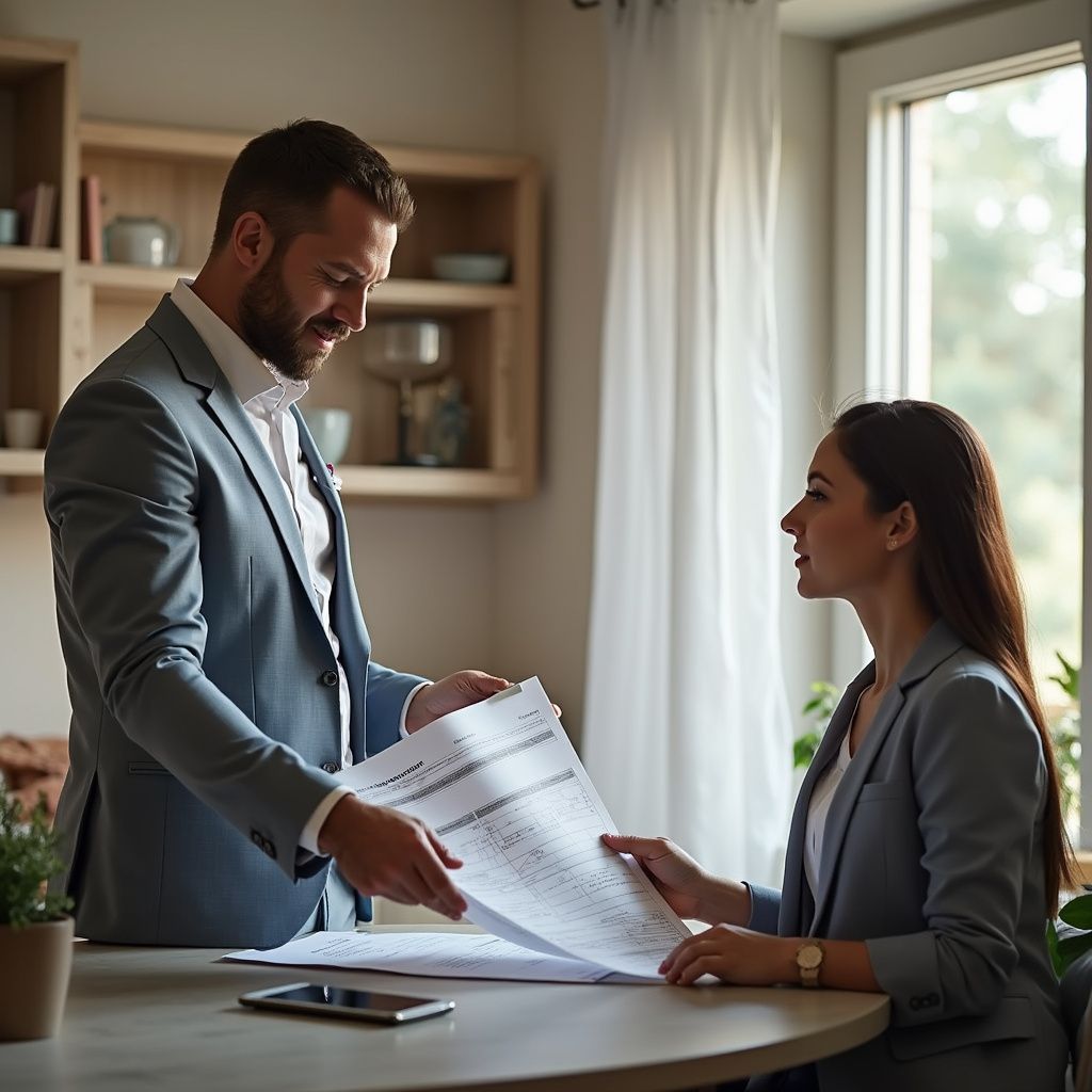 Man and woman reviewing documents together at a table in a room with a window.