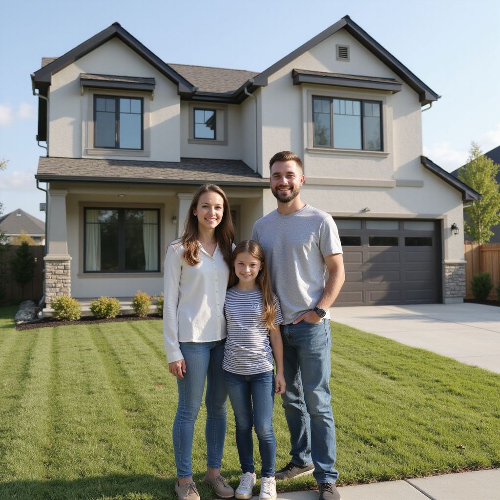 Family of three standing in front of their new house; sunny day.