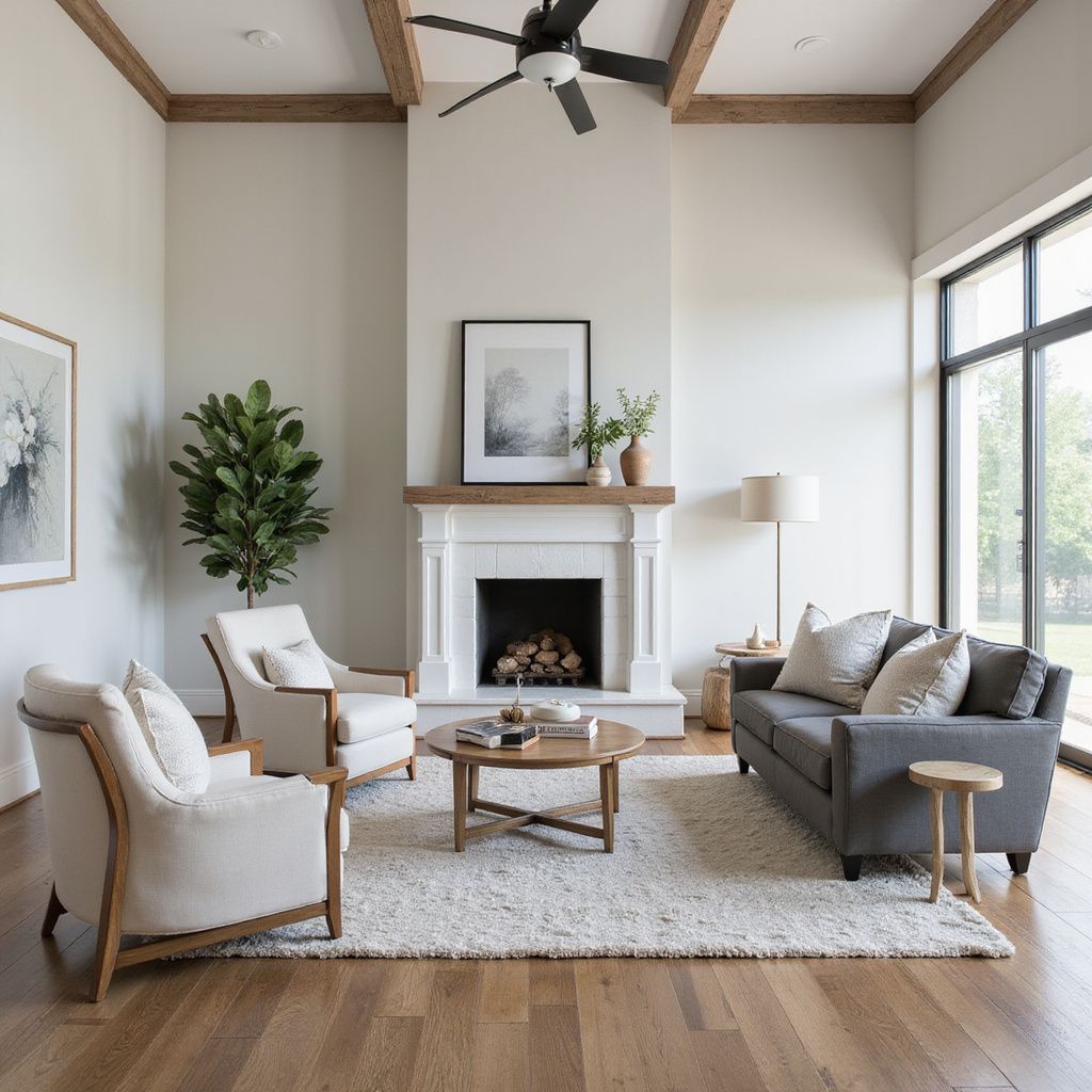 Living room with fireplace, light-colored walls, and hardwood floors. Furnishings include chairs, a sofa, and a rug.