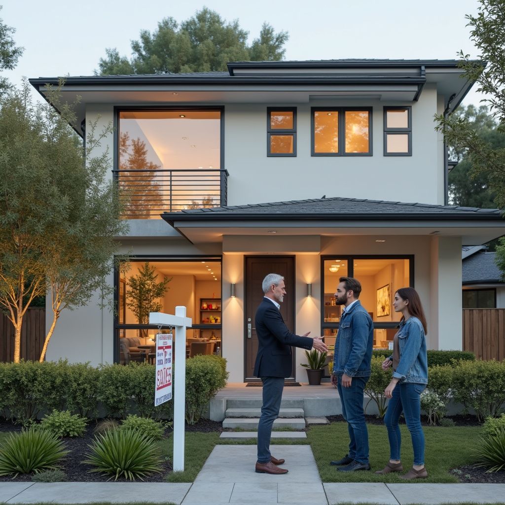 Real estate agent shaking hands with a couple in front of a modern home.