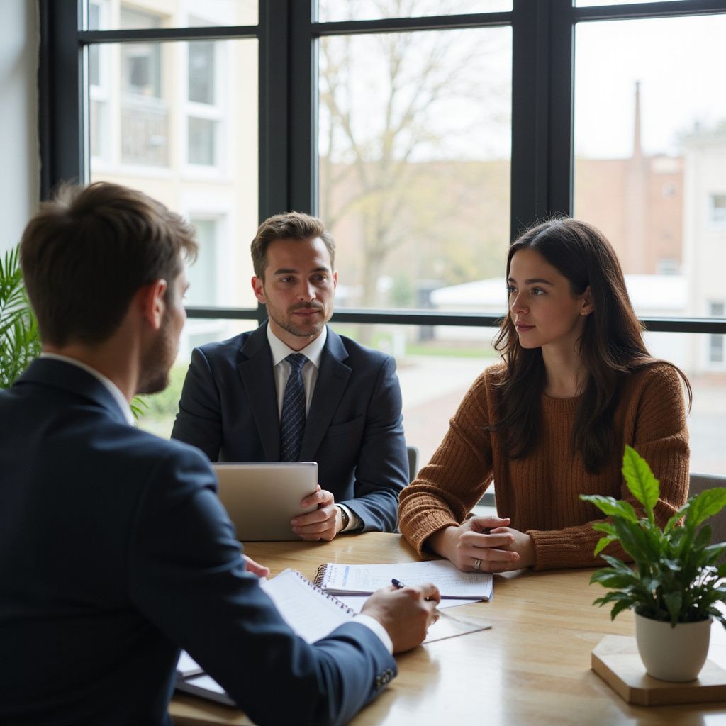 Three people in business attire at a table, reviewing documents and a tablet.