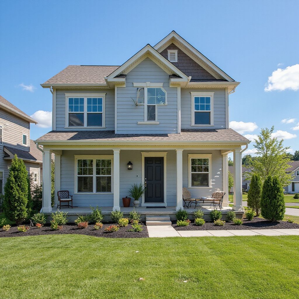Blue two-story house with porch, black door, white trim, and green lawn under a clear blue sky.