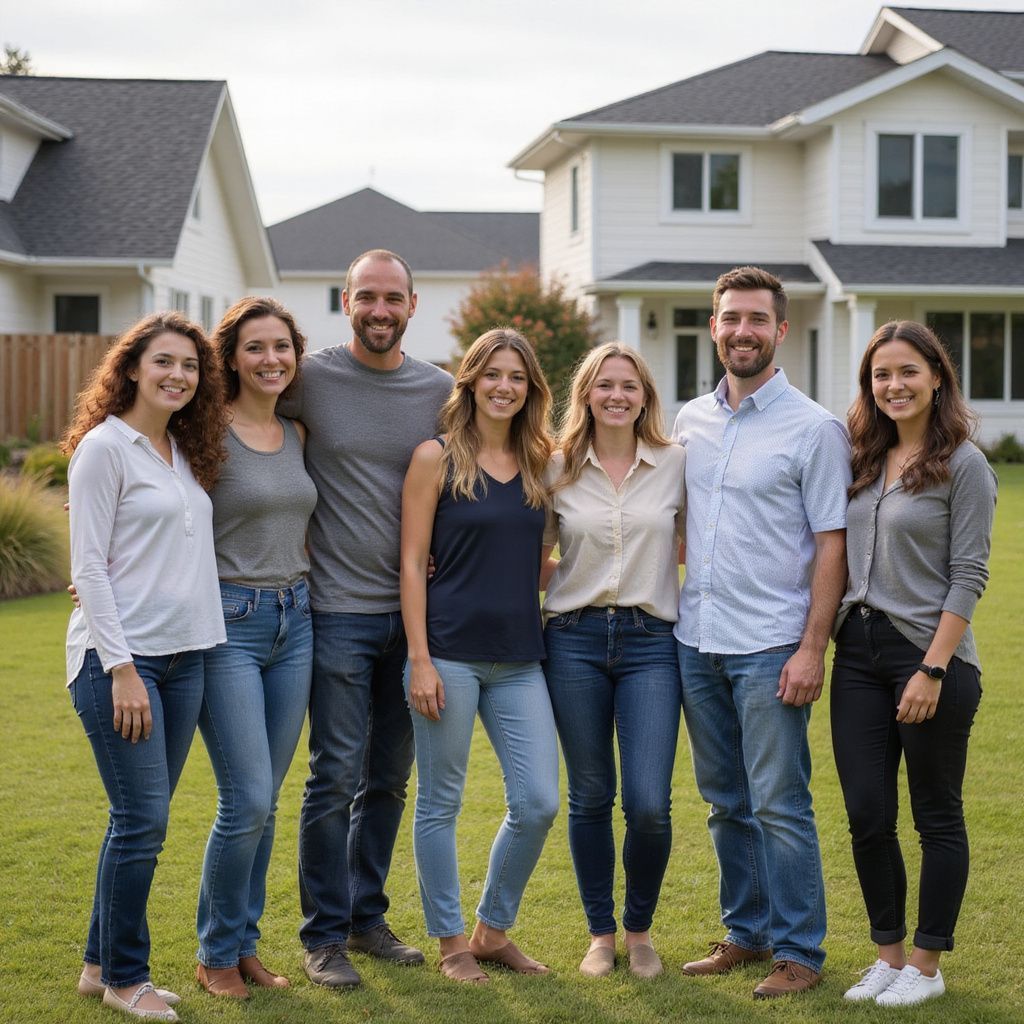 Group of seven people smiling, posing in front of two white houses, on a green lawn.