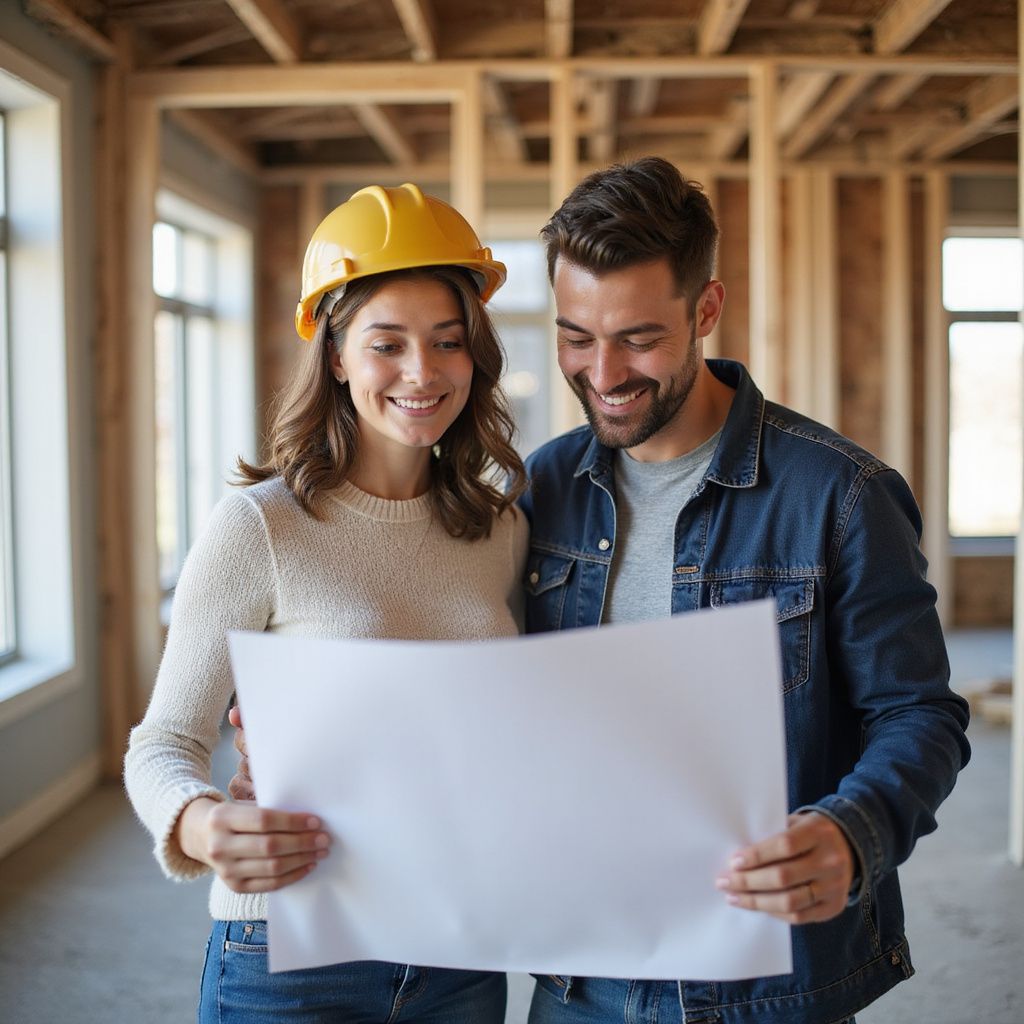 Couple in construction site reviewing blueprints, woman wearing yellow hard hat.