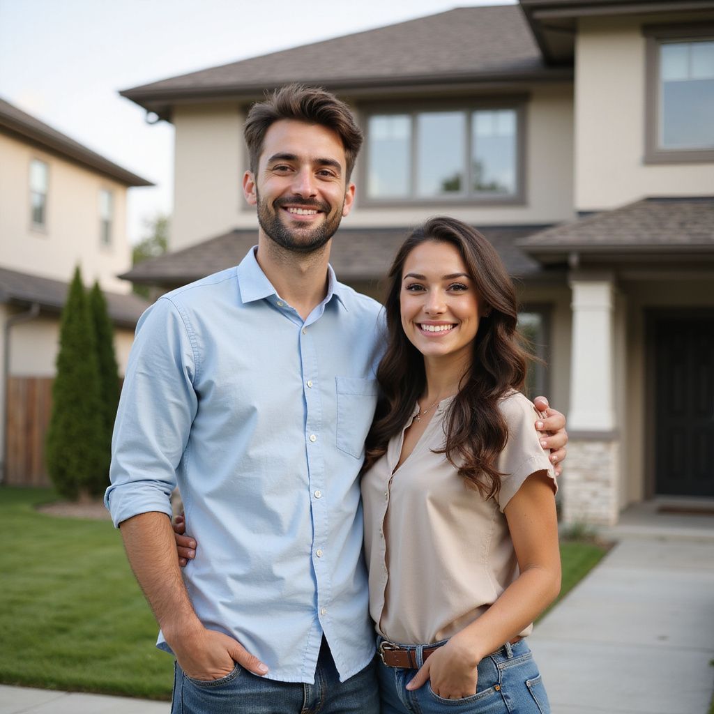 Smiling couple standing in front of their new home; man has arm around woman.