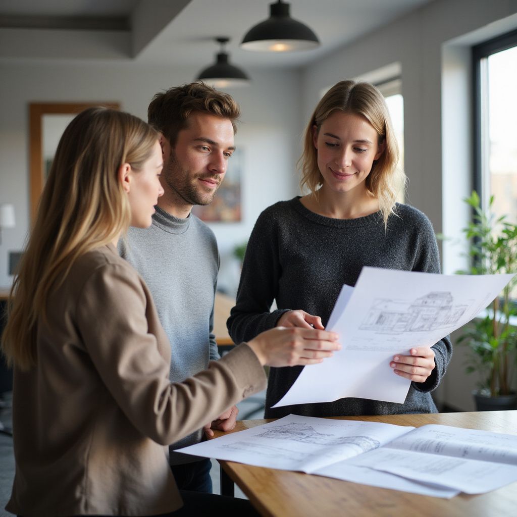 Three people reviewing blueprints in a bright office setting.
