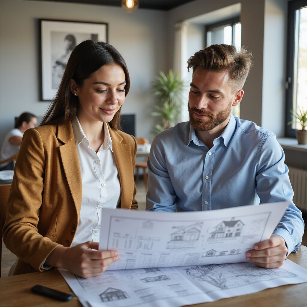 A woman and man look at blueprints in an office setting, discussing a design.
