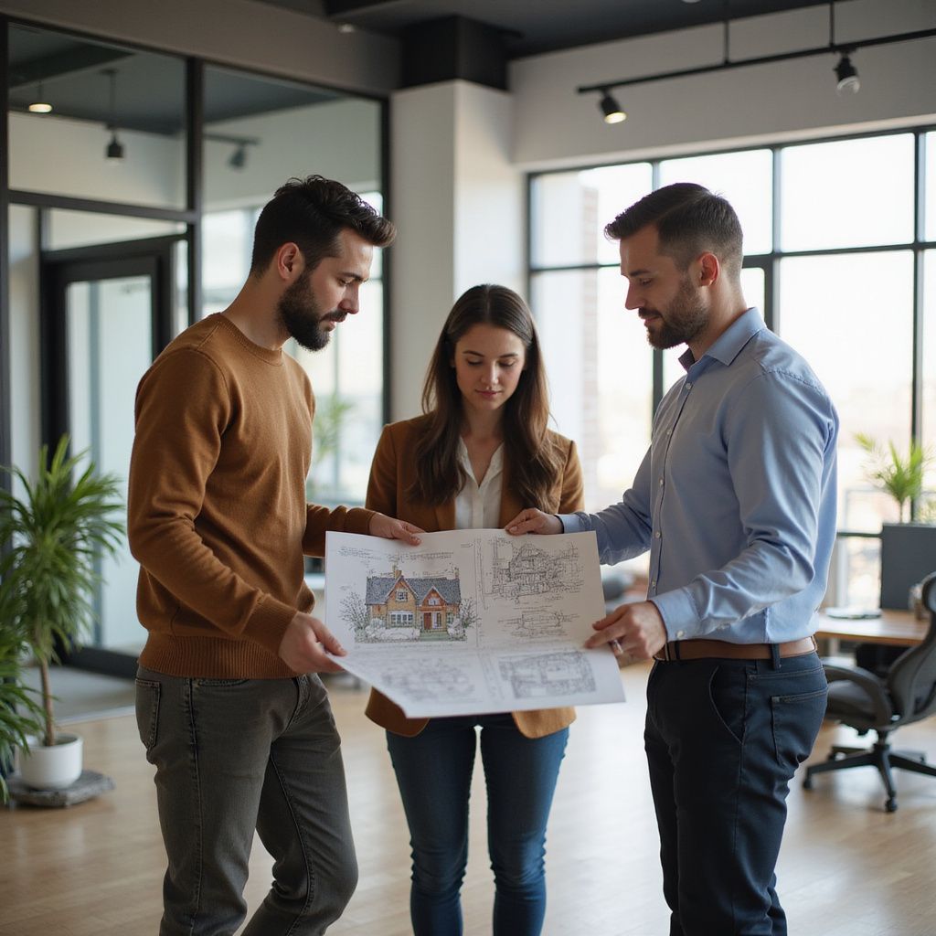 Three people looking at architectural plans in an office setting.