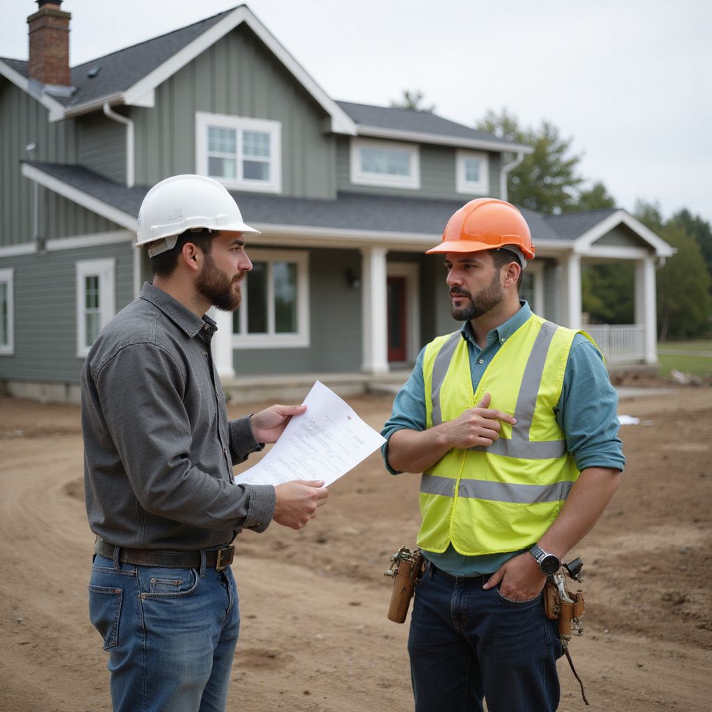 Two construction workers in front of a house, one pointing at plans, the other gesturing.