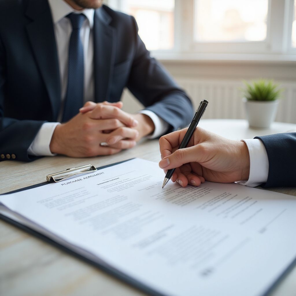 Man in suit signing document at a table, another man in suit watches, interior setting.