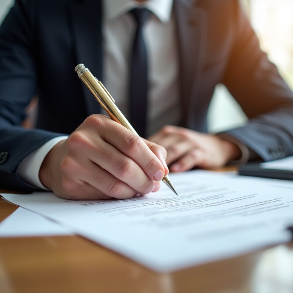 Person in a suit writing with a gold pen on a document at a desk.