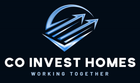 Logo for Co Invest Homes: blue arrows pointing up inside a diamond shape, dark background, white text.
