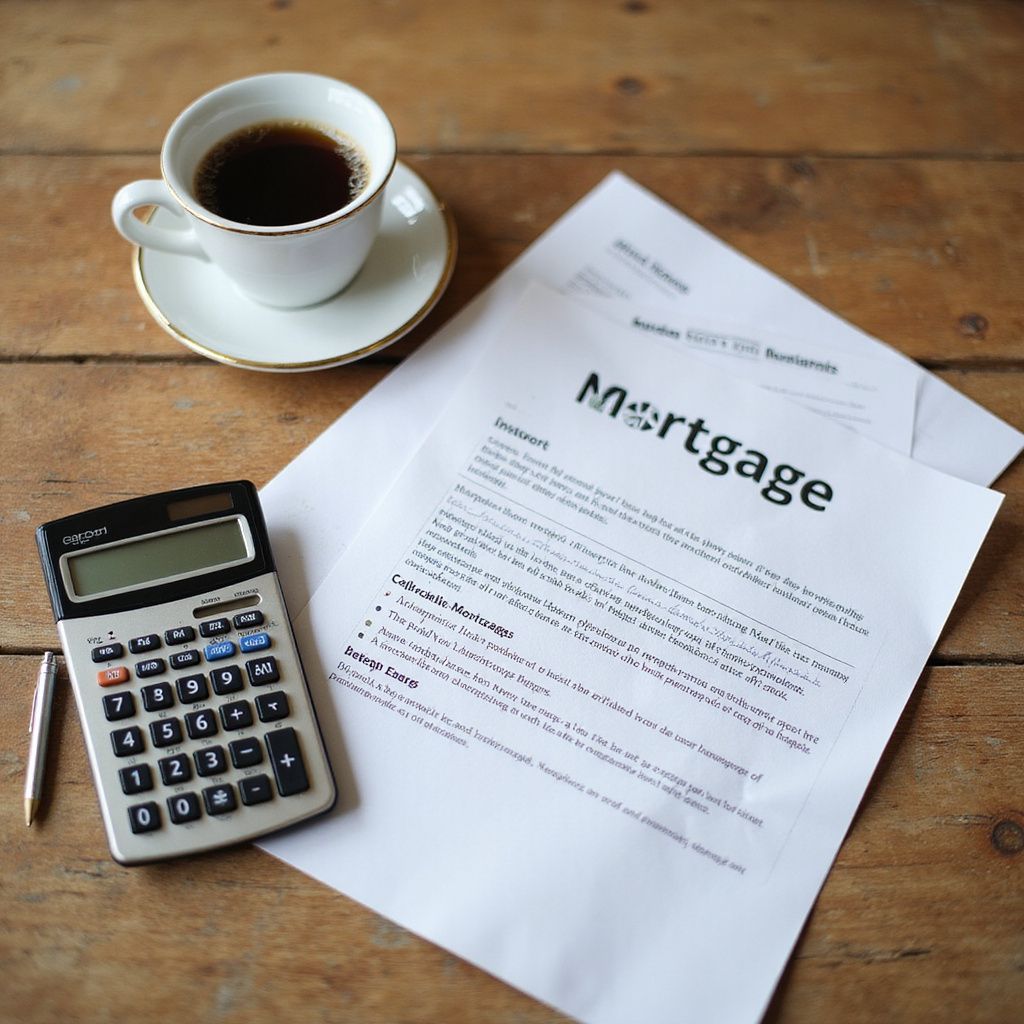 Mortgage document, calculator, coffee cup on a wooden table.