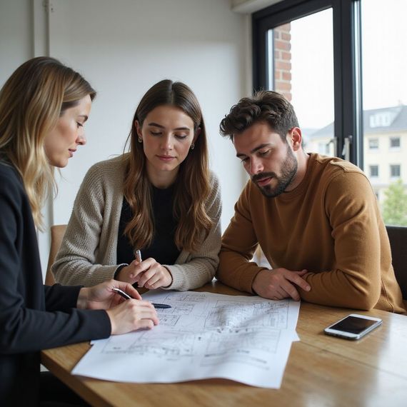Three people reviewing architectural plans at a table. A woman points while a couple intently looks at the blueprints.