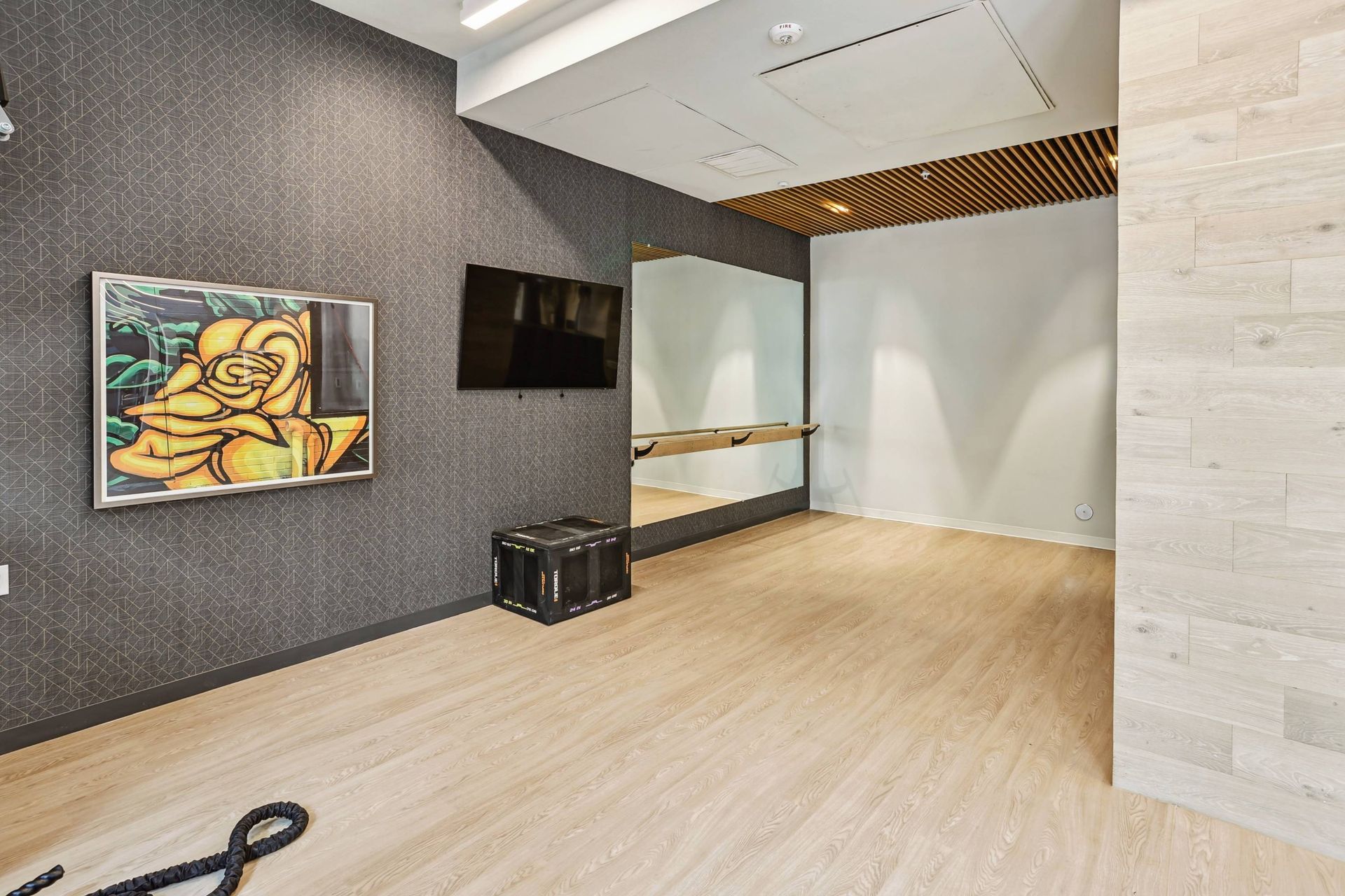 Indoor community fitness area with a barre, TV, and artwork on a dark patterned wall.