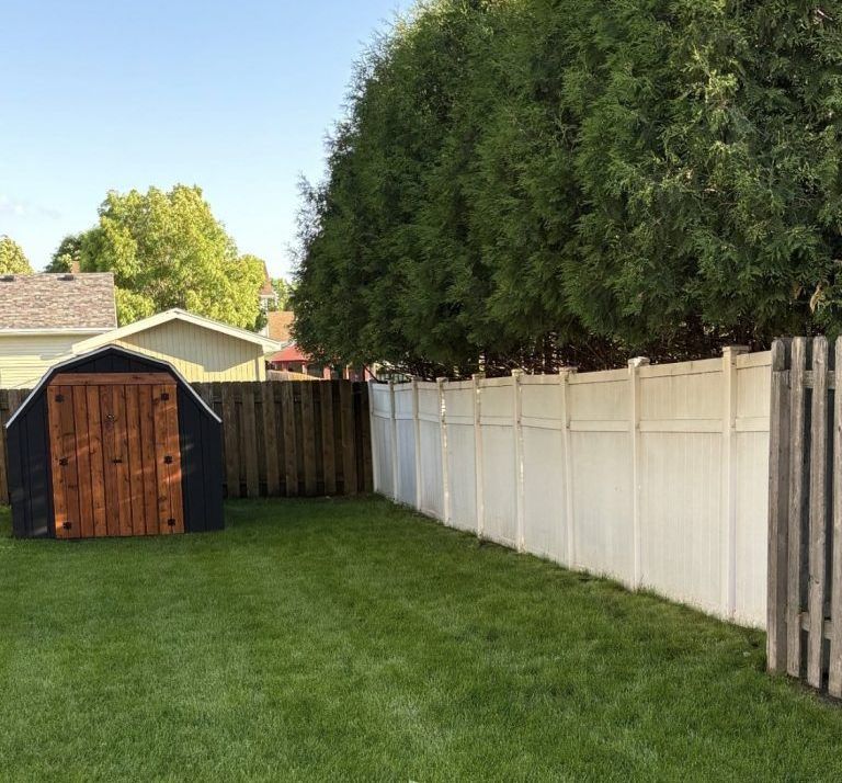 A backyard with a shed and a white fence.
