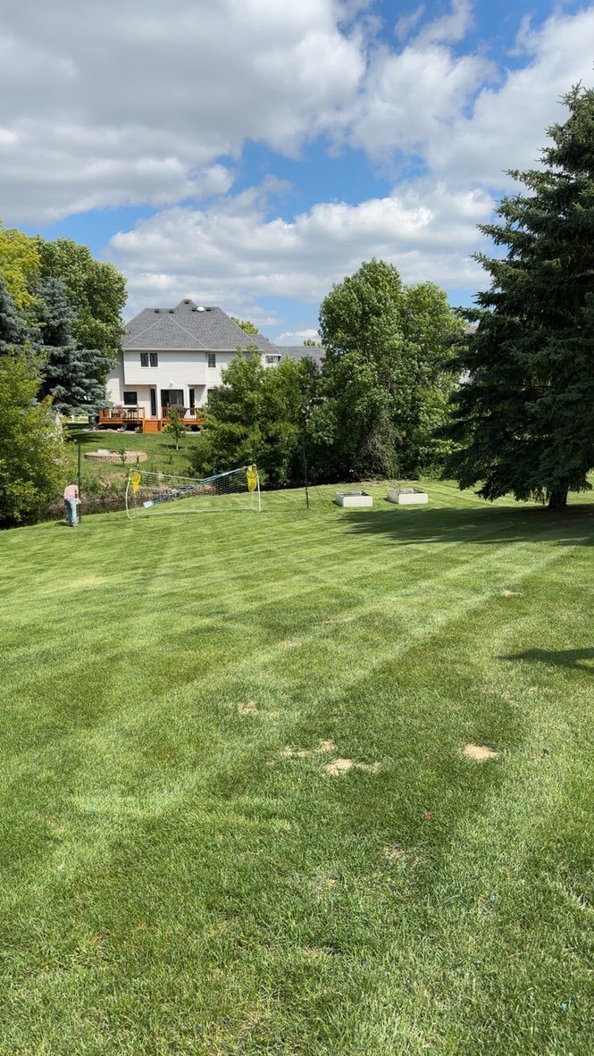 Lawn with freshly mowed stripes, house in the background, trees, blue sky with clouds, person mowing.