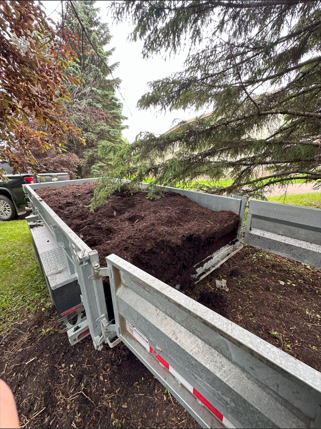 A metal trailer filled with dark brown mulch, parked near trees on a cloudy day.