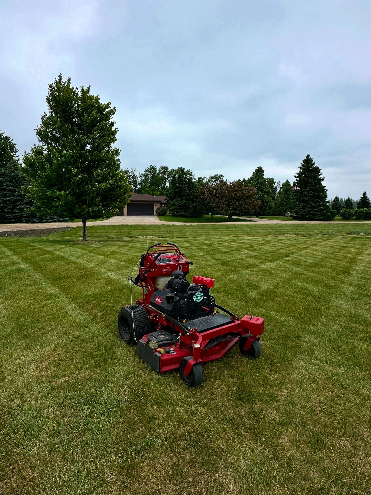Red lawnmower cutting grass in a large, green yard; trees and a house in the background.