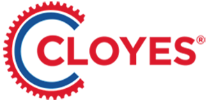 A red and blue logo for cloyes with a gear in the middle