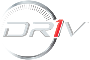 A silver and red logo for drive