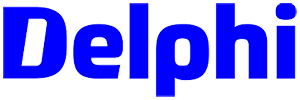 The word delphi is written in blue letters on a white background.