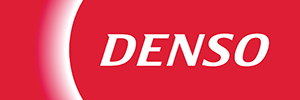 The denso logo is on a red background