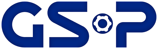 A blue and white logo for gsop with a soccer ball in the middle.