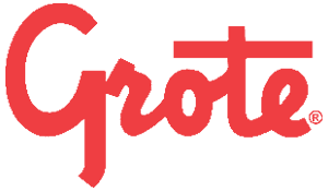 The word grote is written in red on a white background