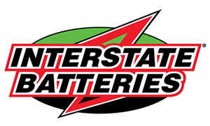 The logo for interstate batteries has a lightning bolt on it.