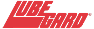 A red logo for lube gard on a white background