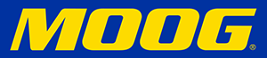 A blue background with yellow letters that say moog