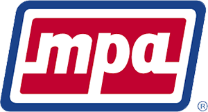 A red white and blue logo for mpa