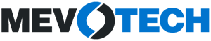 A blue and black logo for mevotech on a white background