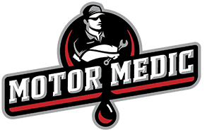 A logo for motor medic with a man holding a wrench and a drop of oil.