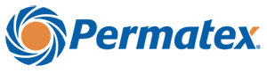 A blue and orange logo for a company called permatex
