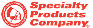 The specialty products company logo is red and white
