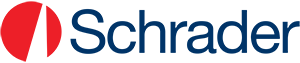 A blue and red schrader logo on a white background