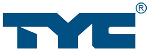 A blue tmc logo on a white background