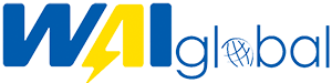 A blue and yellow logo for wall global with a lightning bolt.