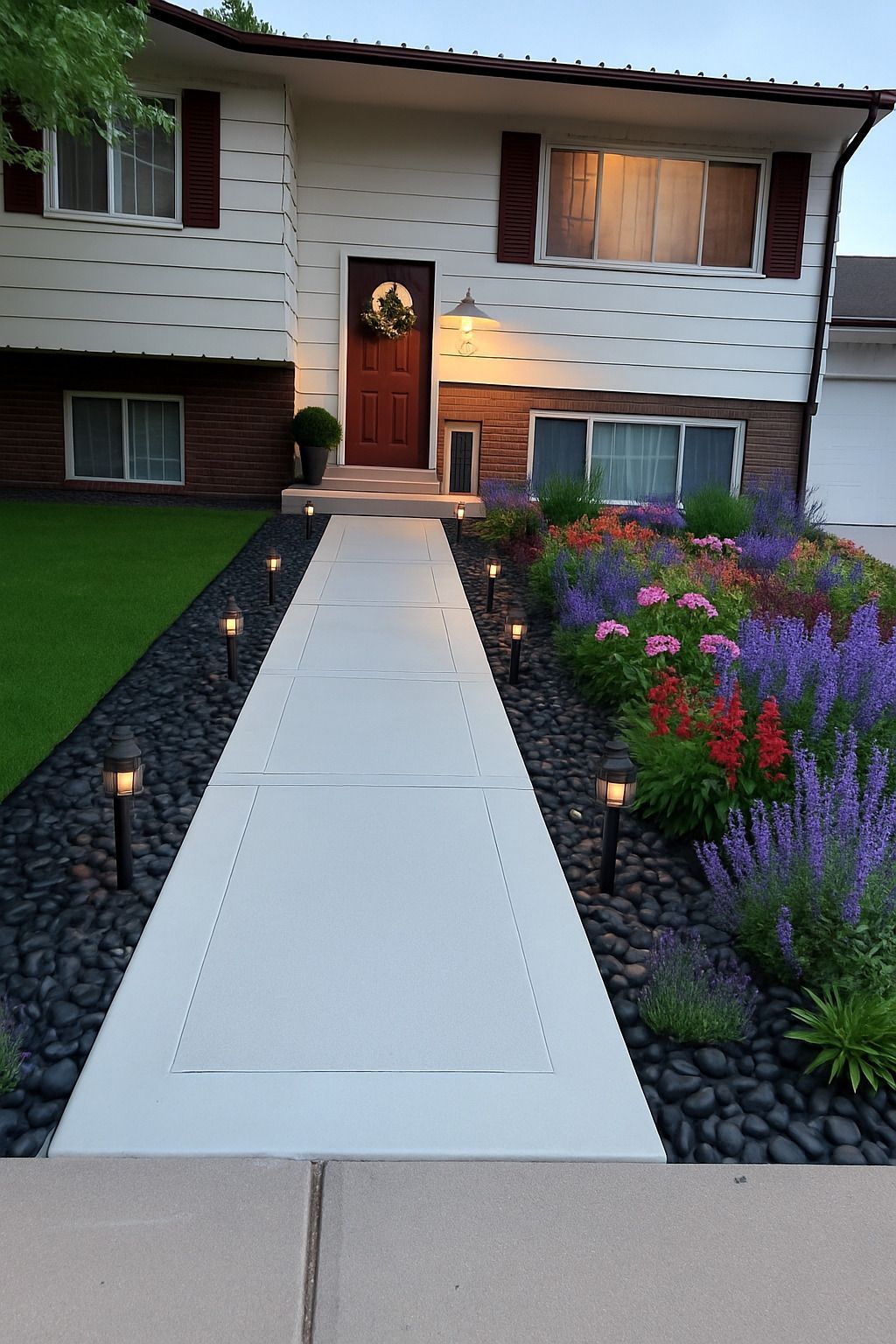 Dog standing near a waterfall feature in a well-landscaped backyard with a wooden fence.